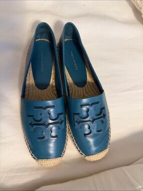 Tory Burch Teal Leather Espadrille Flats with Logo Cutout